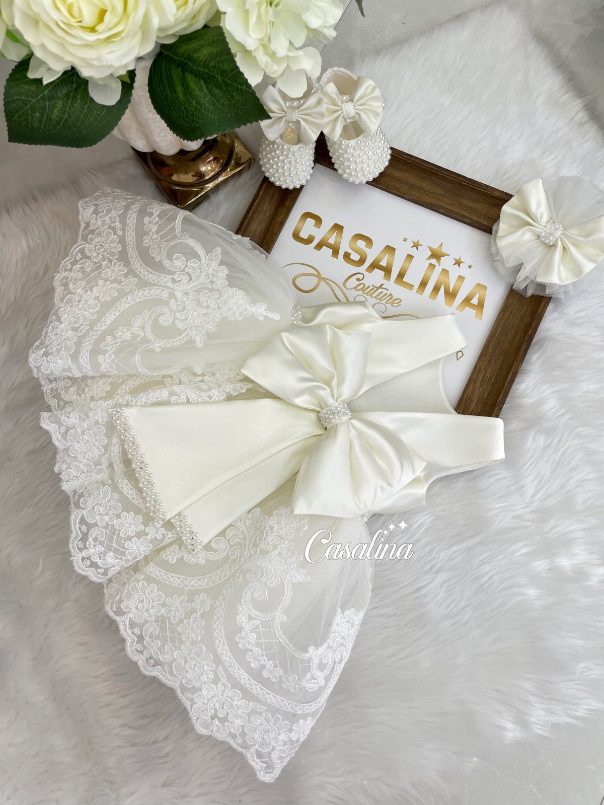 Juliana dress, White lace detailed baby girl dress, Big bow pearl and jeweled white flower girl dress, White toddler birthday party dress
