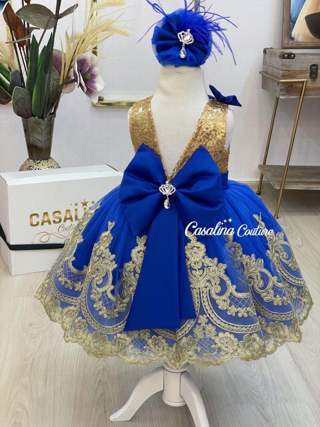 Royal Blue Gold Sequin Flower Girl Dress: Handmade Tulle Skirt