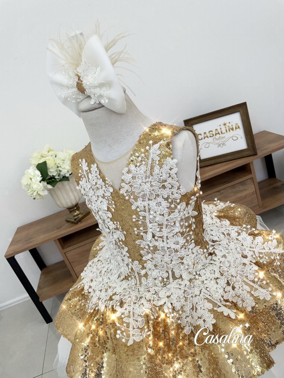birthday dresses zara Zara Dress. White Lace Sleeveless Baby Girl Dress With Gold Sequin Fabric,  Fluffy Flower Girl Dress, Glittery Gold Color Birthday Dress