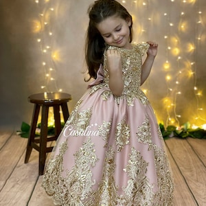 Janessa-jurk volledige lengte Blush, volledige Blush gouden kanten prinsessenjurk, volledige lengte gezwollen bloemenmeisjesjurk, 2e verjaardag babymeisjesjurk