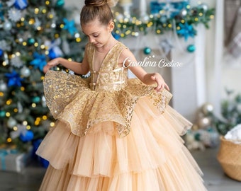 Nicolina dress. Gold princess baby girl dress, long skirt Gold baby dress, Gold princess party dress, Gold flower girl lace luxury baby