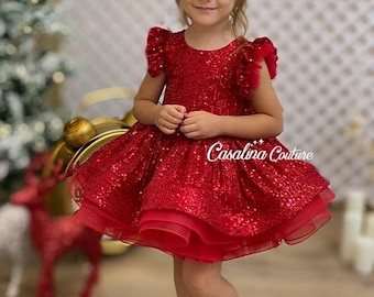Cameron Dress Red. Red fluffy baby girl dress, Knee length red toddler dress. Sparkling Dress for Christmas baby girl dress