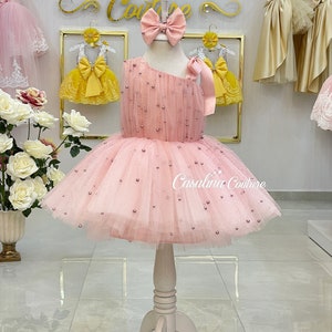 Pearl dress blush, baby girl dress, blush toddler dress, knee length blush dress for kids, baby princess dress, Baby blush dress with pearls