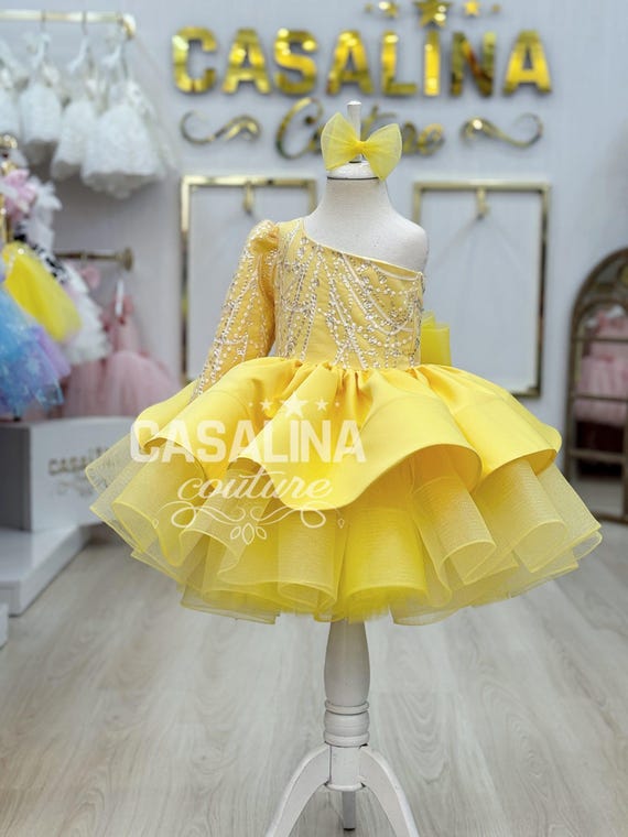 Yellow Knee Length Dress for Baby Girl. Yellow Flower Girl Dress, Yellow  Easter Dress Glitter One Sleeve Toddler Dress. Malinda Dress Yellow - Etsy