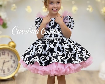 Cow dress, Cow theme baby girl dress, Cow dress pink skirt toddler party dress. Knee length cow birthday party dress, Cow baby girl costume