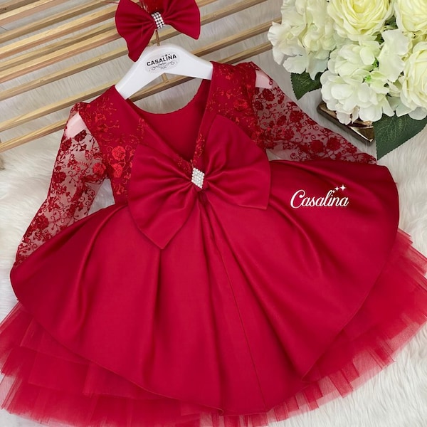 Cassandra dress lace red. red baby girl dress. red baby girl clothes, Glittery red  baby girl dress, Red flower girl dress red toddler dress