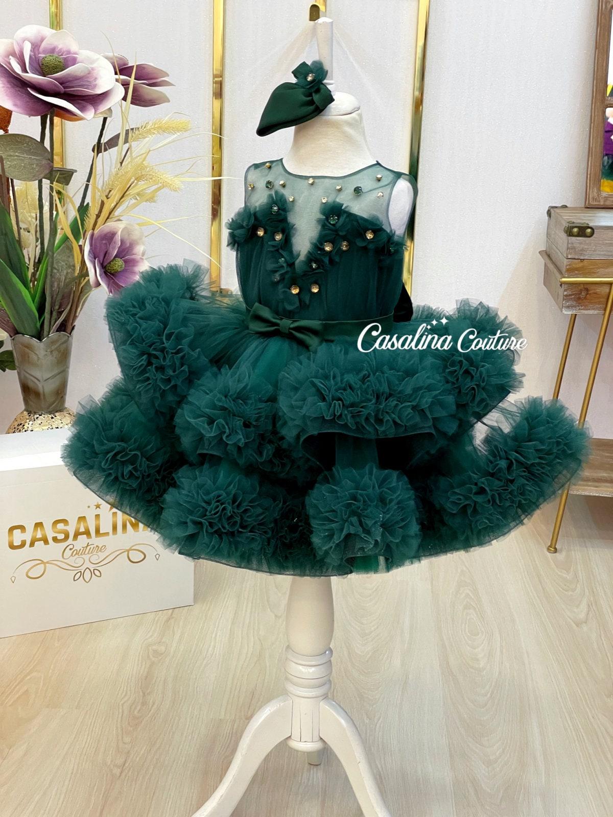 Emerald Green Puffy Flower Girl Dress: Handmade Birthday Wedding Dress