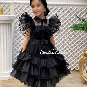 Costume Cosplay Mercredi Addams, Robe + Ceinture + Perruque, Pour Fille