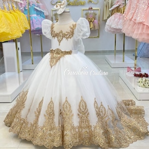 Vestido de princesa, vestido de niña blanco de encaje dorado de cola larga, vestido de lujo de niña princesa blanca