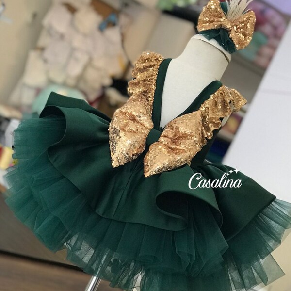 Sequins Tulle Knee-length Green 1st Birthday Party Baby Girl Dress main image 0