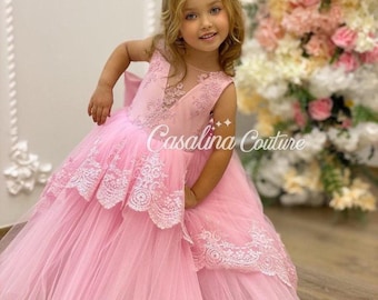 Diana Dress. Full length princess dress  pink lace detail. Puffy white lace baby girl princess dress, big bow baby girl dress for birthday