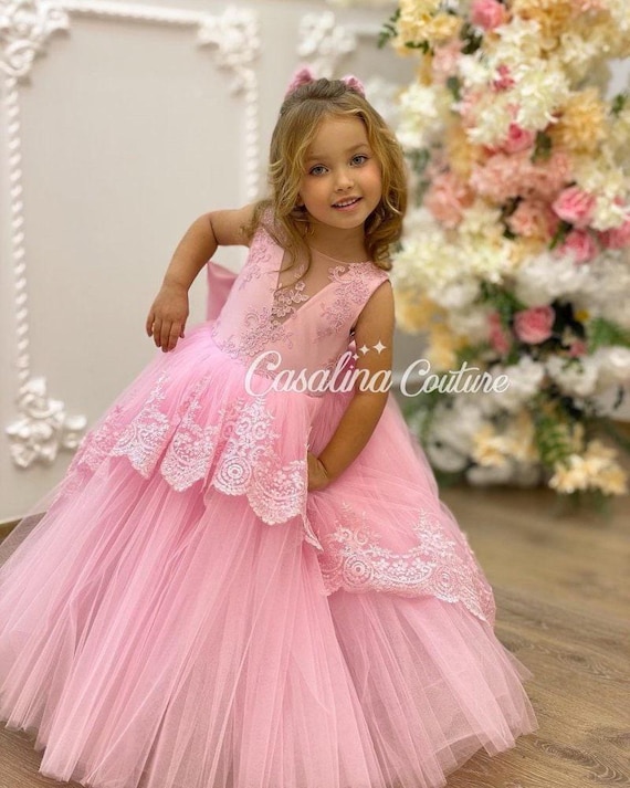 Diana Dress. Full length princess dress pink lace detail. Puffy White lace baby girl princess dress, big bow baby girl dress for birthday Diana Dress. Full length princess dress pink lace detail. Puffy White lace baby girl princess dress, big bow baby girl dress for birthday
