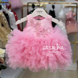 Pink Tutu Baby Girl Dress: Floral Appliqué Party Dress
