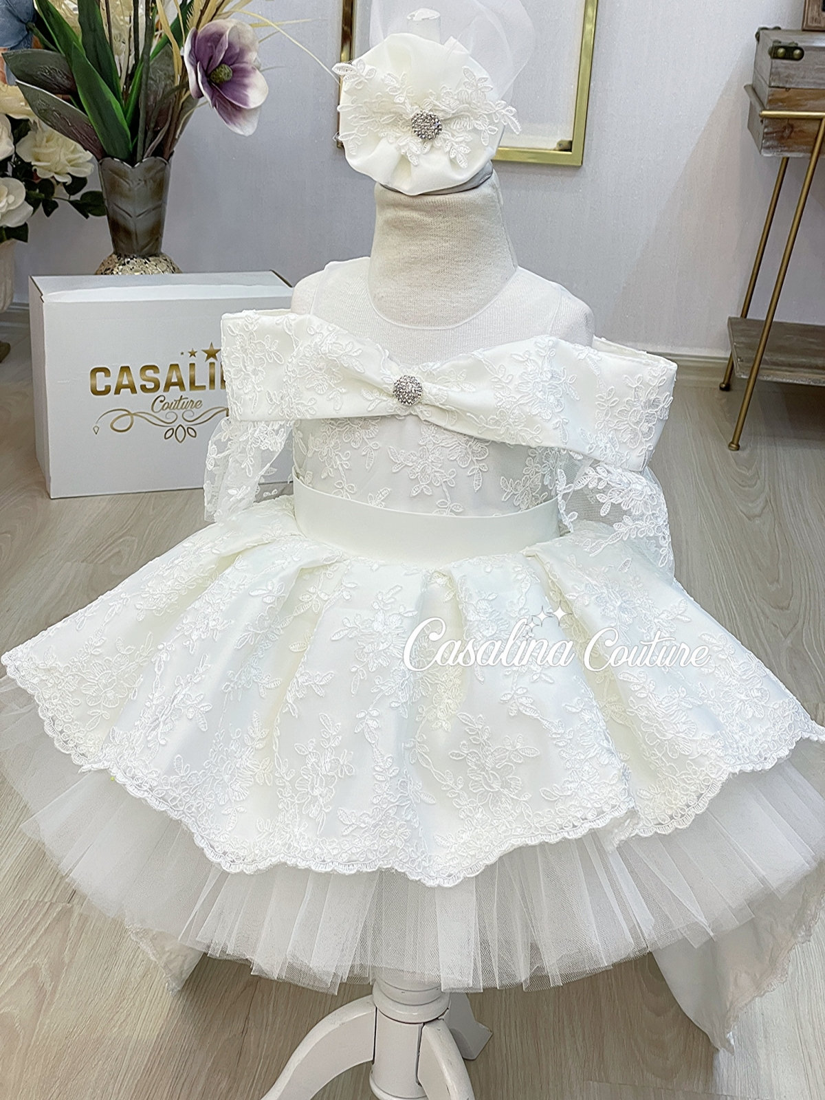Ophelia Dress. Long Tail White Knee Length Baby Girl Ophelia Dress. Long Tail White Knee Length Baby Girl