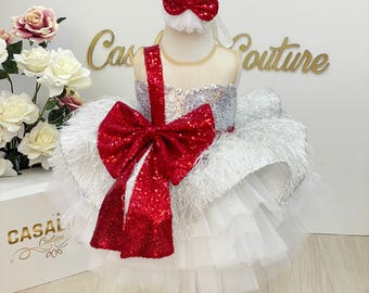 Vestido navideño de lentejuelas para bebé: lazo rojo, corpiño plateado, hecho a mano