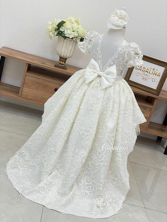 Ivory Lace Flower Girl Dress: Handmade Princess Wedding Dress With Bow - Etsy Ivory Lace Flower Girl Dress: Handmade Princess Wedding Dress With Bow - Etsy