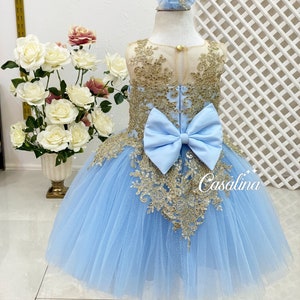 Candice Dress Blue Gold , Fluffy tulle baby girl dress, Blue baby dress with gold lace Blue toddler dress for baby girl Blue sparkly dress