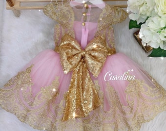 Melody Dress pink gold, Gold Lace Pink baby Girl Dress, Sequined Bow Baby Girl Dress, Pink Gold toddler dress, Gold lace flower girl dress