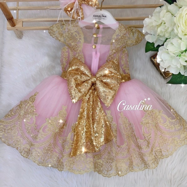 Melody Dress pink gold, Gold Lace Pink baby Girl Dress, Sequined Bow Baby Girl Dress, Pink Gold toddler dress, Gold lace flower girl dress