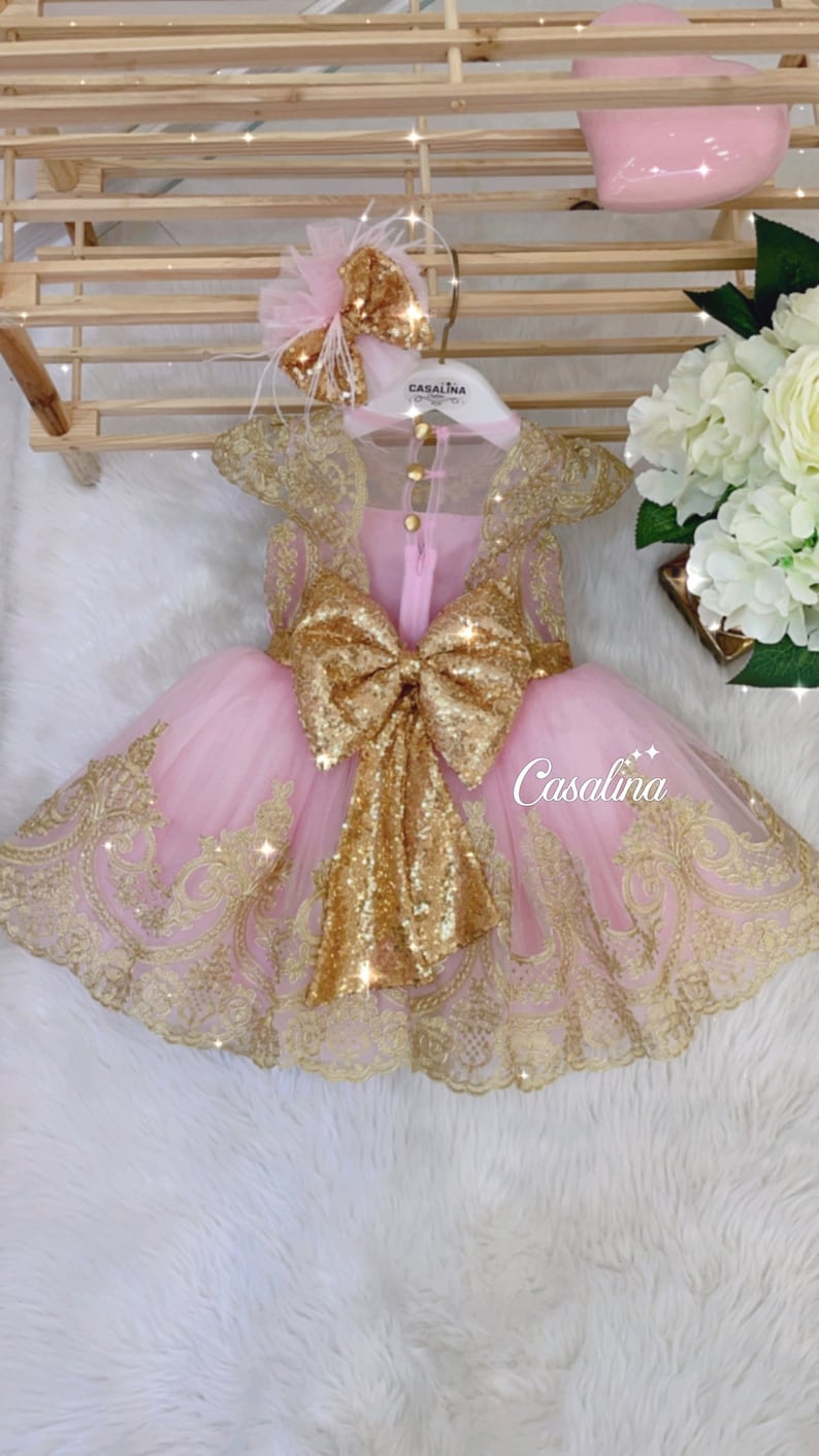 Melody Dress Pink Gold Gold Lace Pink Baby Girl Dress Etsy