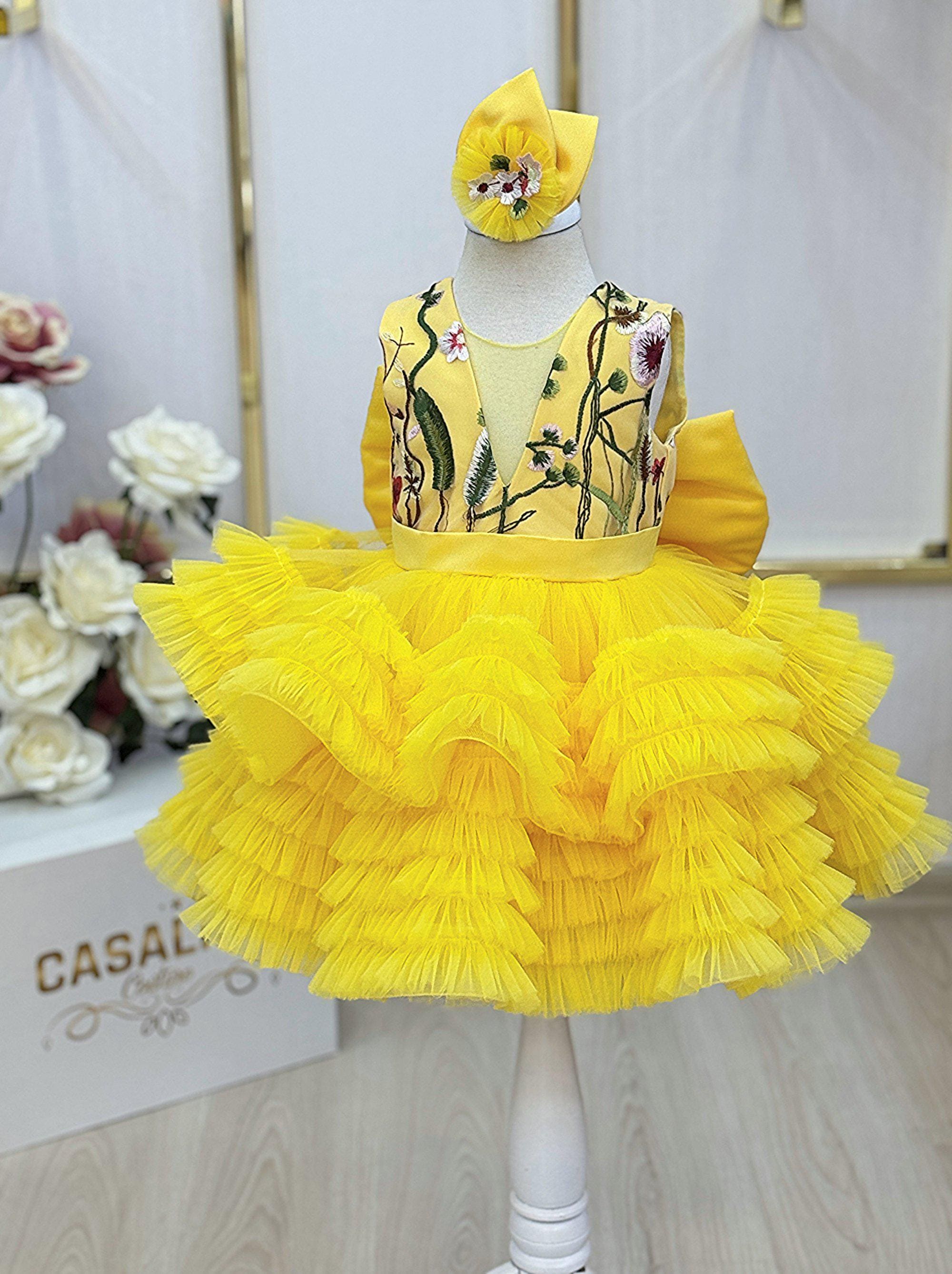 Vestito da bambina ricamato con fiocco e pizzo, tutù con fiori e tutù