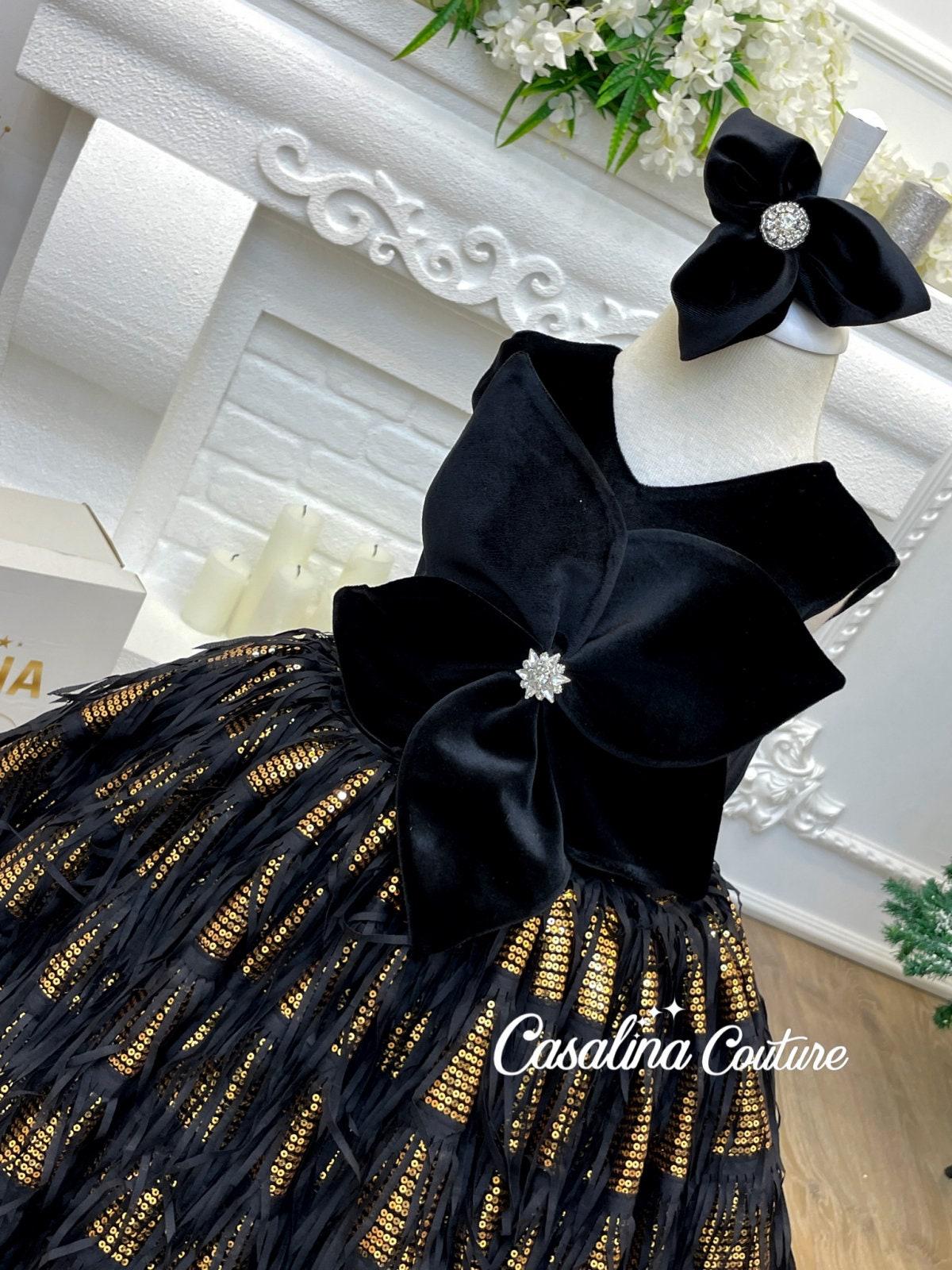 Black & Gold Sequin Tassel Baby Girl Dress: Handmade Princess Gown