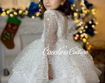 White Sequin Baby Girl Dress: Sparkly Princess Occasion Gown