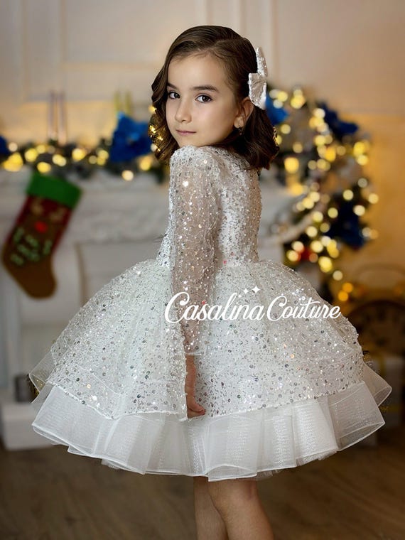 girls white sequin dress White Sequin Baby Girl Dress: Sparkly Princess Occasion Gown