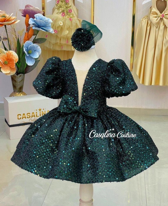 Maria Dress Emerald. Emerald Green Baby Girl Dress. Emerald Green Puffy Knee Length Birthday Party Baby Girl Dress, Green Flower Girl Dress