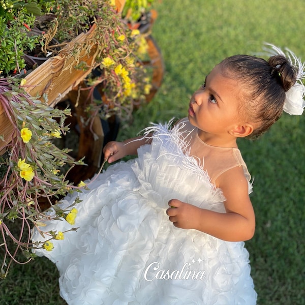 Lauren Dress. Fluffy baby girl dress with white feather detail, White flower girl dress for birthday and wedding, Knee length toddler dress