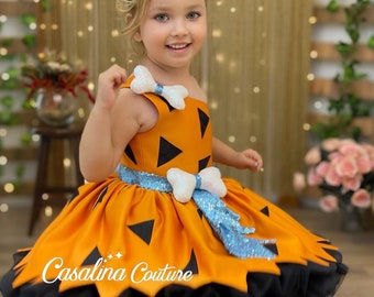 Disfraz de vestido de guijarros, disfraz de guijarros para niños pequeños, traje temático de la Edad de Piedra, vestido de guijarros naranja, disfraz de cumpleañera de guijarros Picapiedra