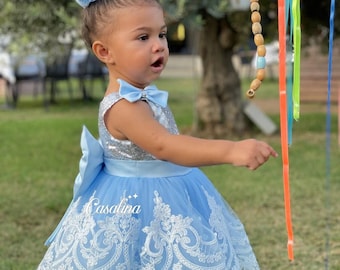 Maya Dress Silver Blue. Baby girl dress for special occasions. Silver blue baby girl outfit, Blue silver toddler birthday party dress