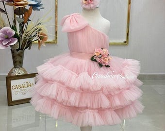 Handmade Pink Princess Dress: 3D Flower, Single Sleeve, Puffy Layered Tulle