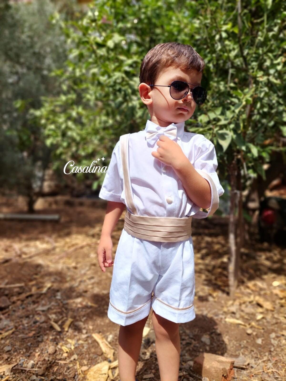 Alex Suit Short White Gold. Baby Boy Tuxedo, Baby Suit, Dress, Birthday Wedding, Dress With Bow Tie