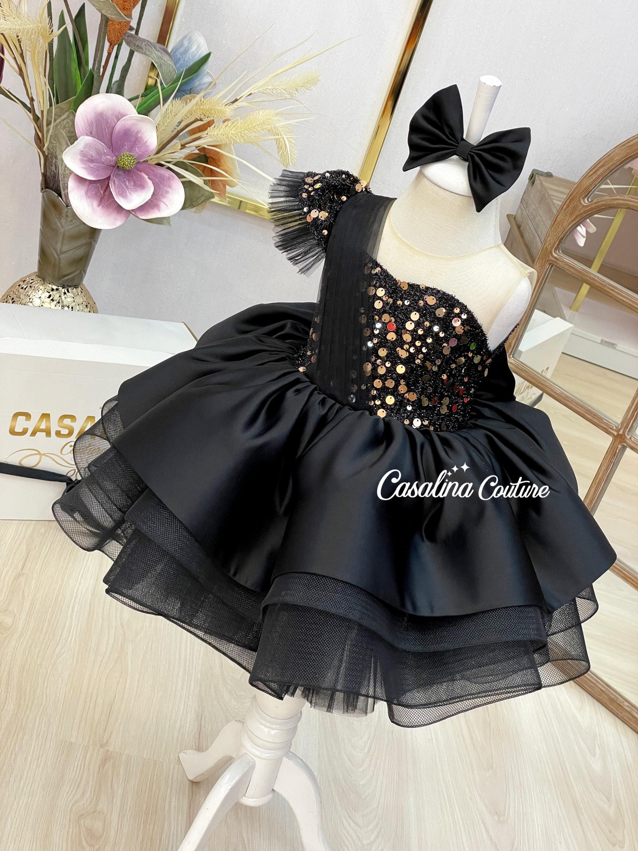 Black Sequin Baby Girl Dress: Handmade One-Shoulder Tulle Party Dress