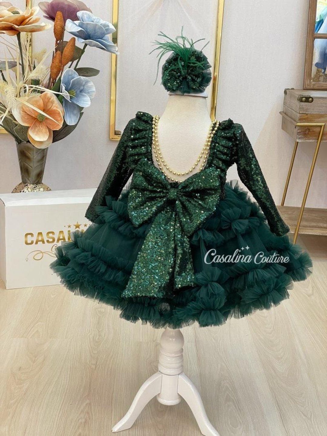 Emerald Green Sequin Toddler Dress: Ruffle Tulle, Long Sleeves, Handmade