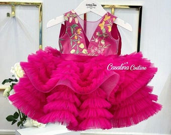 Embroidered Fuchsia Baby Dress: Puffy Hot Pink Tulle, Birthday Photoshoot, Hairband Included