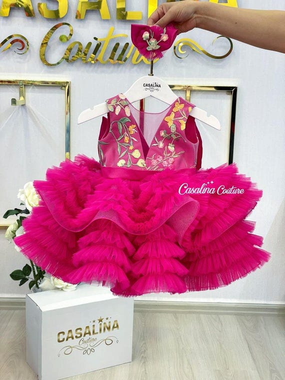 Embroidered Fuchsia Baby Dress: Puffy Hot Pink Tulle, Birthday Photoshoot, Hairband Included