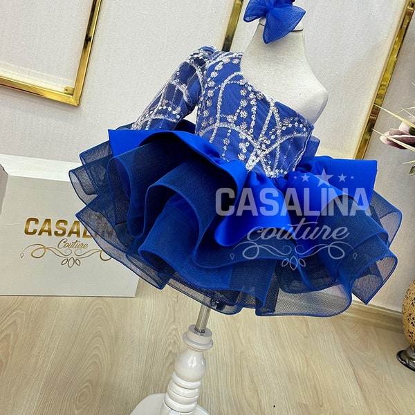 Vestido Malinda Azul Real. Vestido azul hasta la rodilla para niña, vestido de niña de flores azul, vestido de tutú con brillo azul real. Niño de una manga