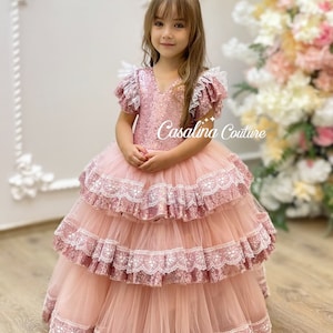 Nova dress, Blush Flower Girl Dress, Blush Princess baby gown, blush sequined dress, princess long skirt baby girl dress, flower girl dress