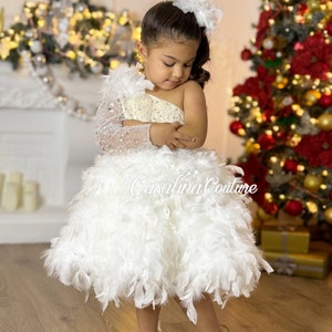 White Feather One-Shoulder Baby Dress: Sparkly Party Princess Dress