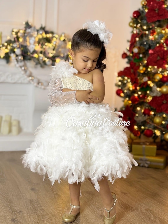 White Feather One-Shoulder Baby Dress: Sparkly Party Princess Dress
