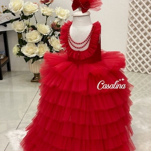 Viviana dress, Red long tail baby girl dress, Red princess baby dress, Red puffy fluffy skirt dress, Red baby girls outfit, red toddler