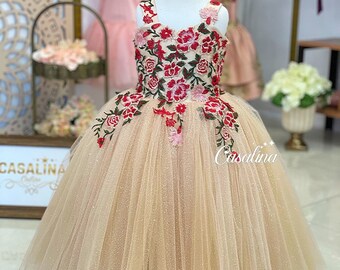 Scarlett Dress,3D lace detailed baby girl dress with long skirt in champagne color. Champagne color puffy long princess dress, Handmade !