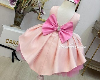 Cassandra dress custom pink. Pink baby girl dress, Knee-length fluffy baby girl dress. Pink toddler big bow baby girl dress. Party dress