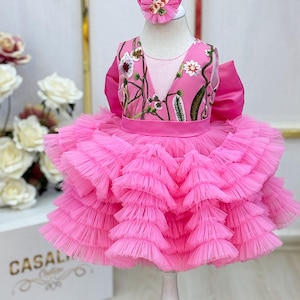 Pink Tulle Baby Girl Dress: Floral V-Neck, Handmade