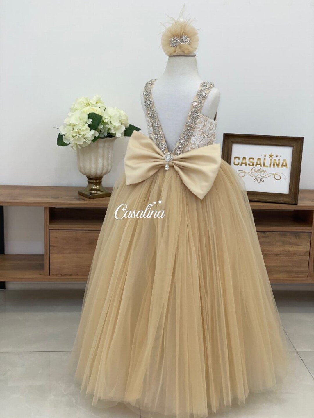 Alexandra Dress. Gold Color Dress V Model Back, Jewel Detail, Lace Long