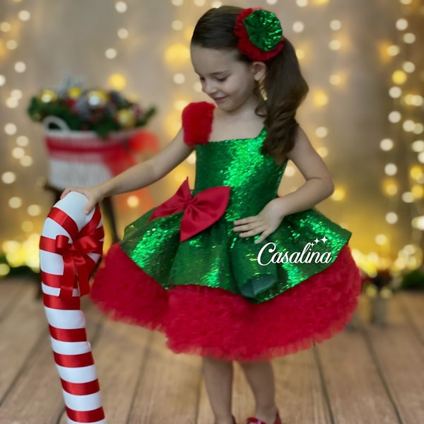 Christmas dress, Baby girl dress for Christmas, Green red Christmas dress, glitter fabric red bow girl dress, Christmas flower girl dress