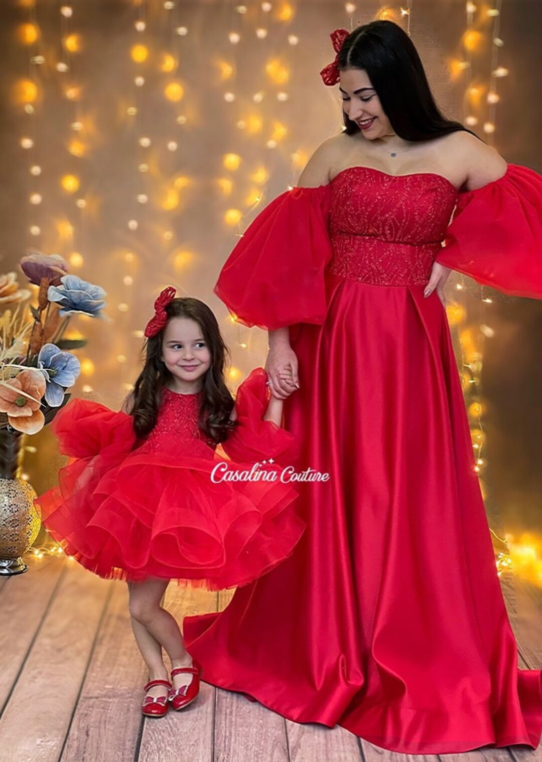 Vestido vermelho feito à mão para mãe e filha: vestidos para
