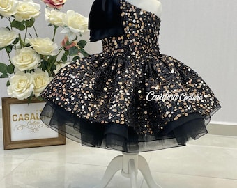 Krista Dress. Black sparkly dress for baby girl, Black baby girl dress for birthday, Black toddler dress, Black birthday party dress
